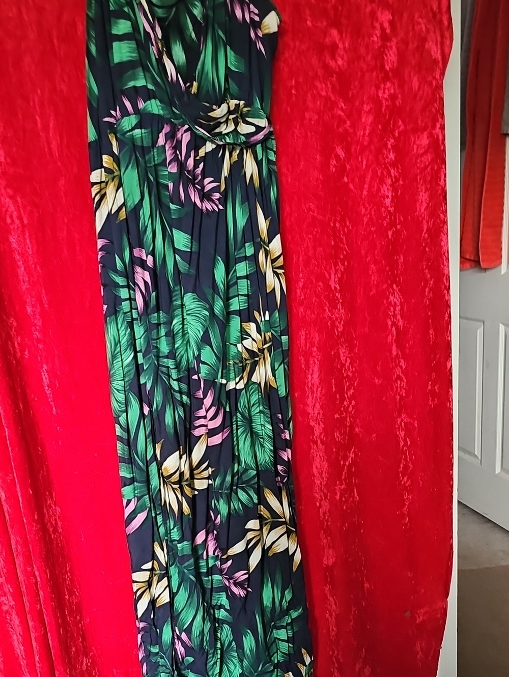 Tropical Navy Maxi Skirt with Green & Pink Leaf Print